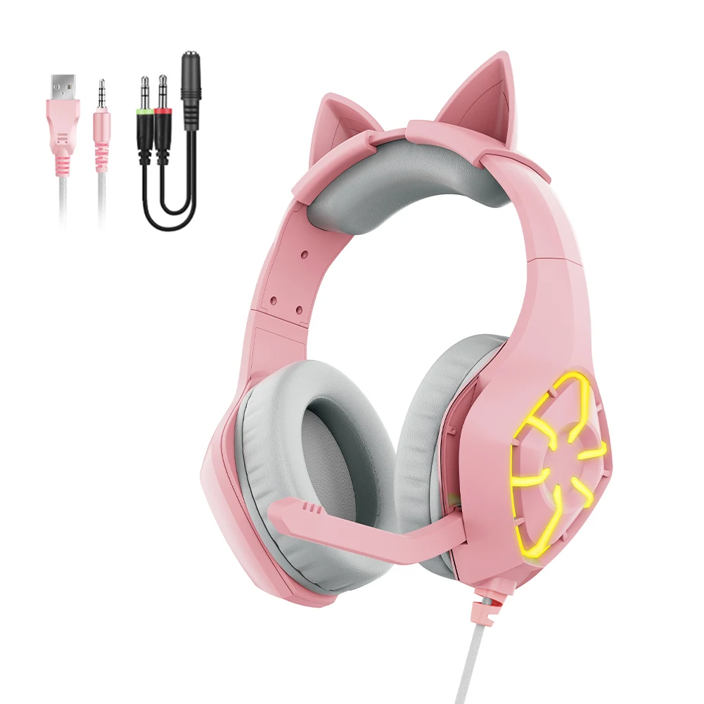 

Smart Phone Cat Ear Adjustable 3.5mm Jack Wired Over-ear LED Light With Mic Gift Comfortable Volume Control Gaming Headset