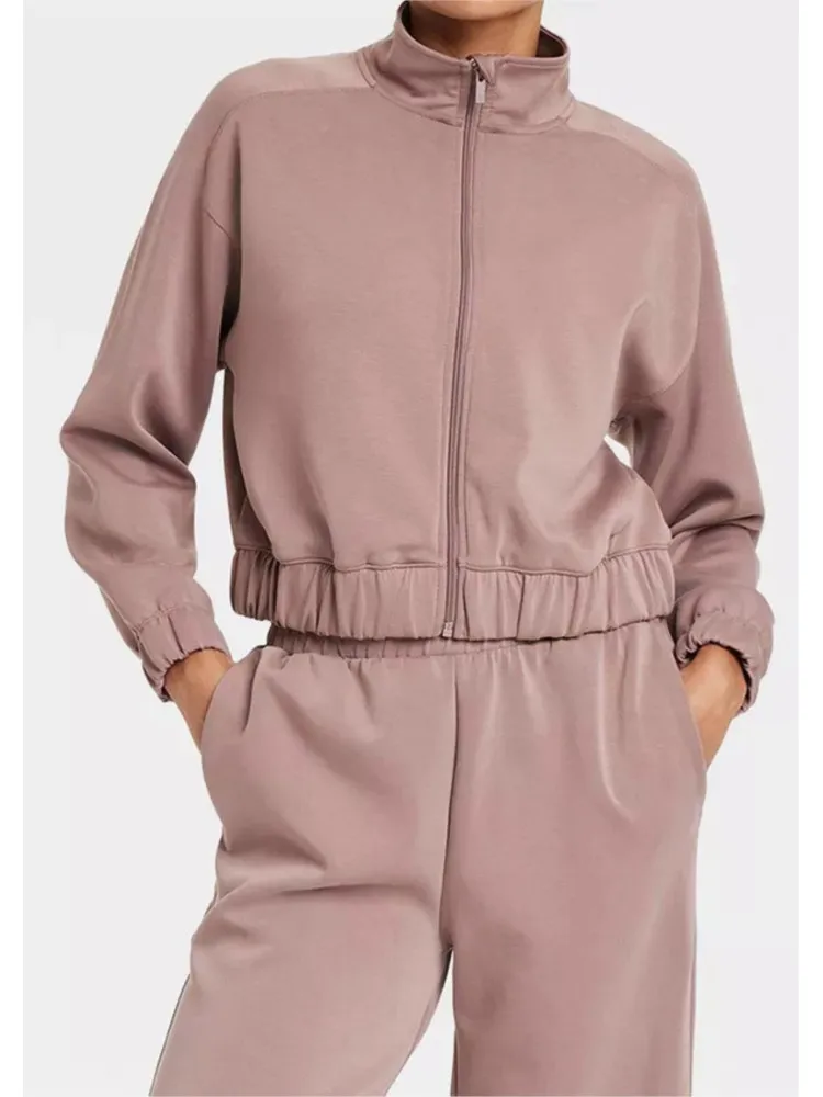 Модная повседневная однотонная куртка брючный костюм женская на молнии длинные