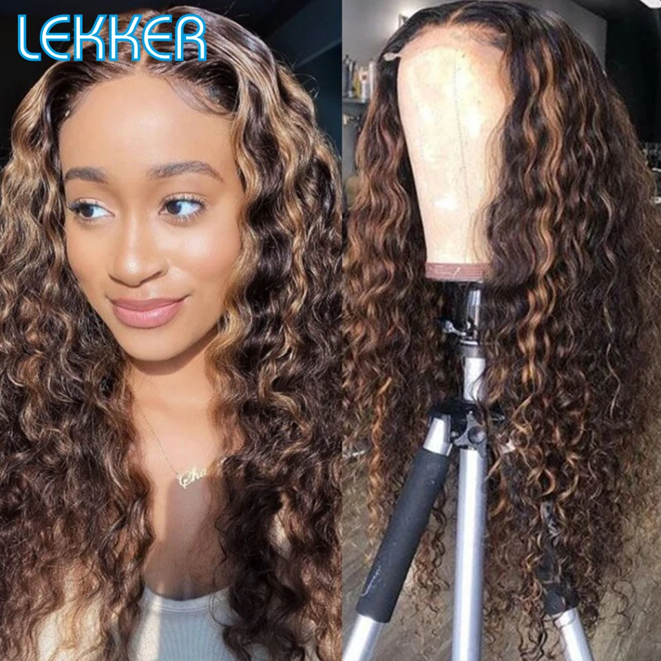 Lekker Highllight Brown 13x6x1 T Lace Front Human Hair Wig For Women Deep Wave Pre Plucked Glueless Brazilian Remy Colored Wig