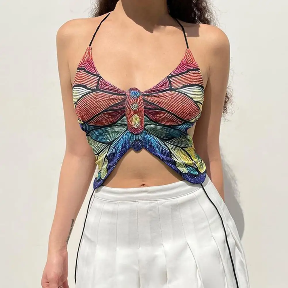 

Women Vest Low Collar Exposed Navel Backless Crop Top Adjustable Bandage Colorful Butterflies Print Halter Sling Female Clothing