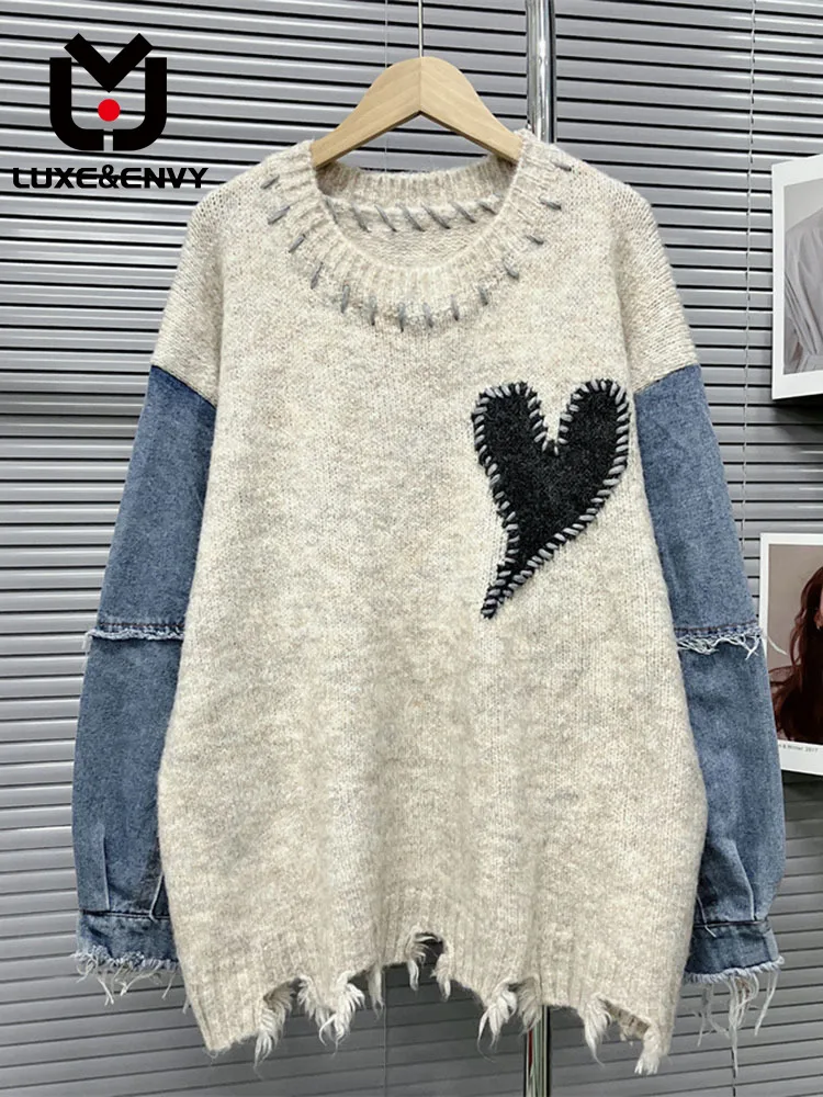 

LUXE&ENVY Denim Patchwork Knit Top Women's Autumn Winter 2023 New Design Sense, Loose Lazy Bottom Sweater