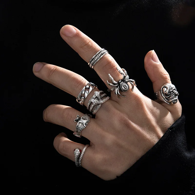 7Pcs Vintage Punk Spider Bat Skull Double Headed Snake for Rings for Men Fashion Street Hip-hop Exaggerated Metal Jewelry Gifts