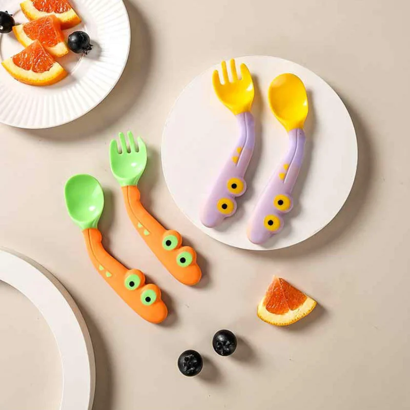 

Cute Cartoon Baby Spoon Fork Set Soft Bendable Scoop Kit Utensil BPA Free Children Tableware Toddler Training Feeding Cutlery