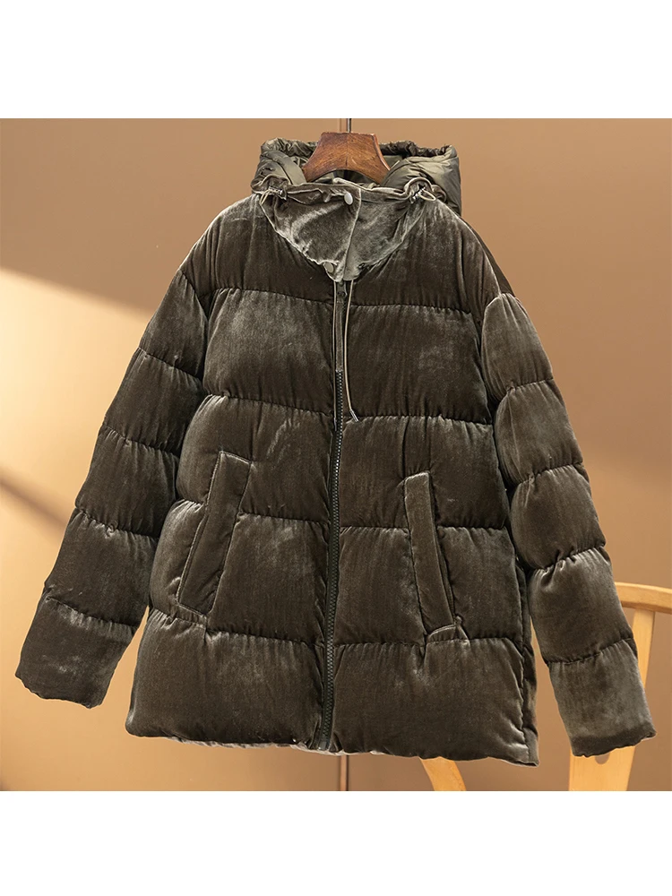 High Quality Velvet  Women Jacket  90%  White Duck Down  Casual  Winter  Zipper  Wide-waisted  Pockets  Puffer Jacket Women