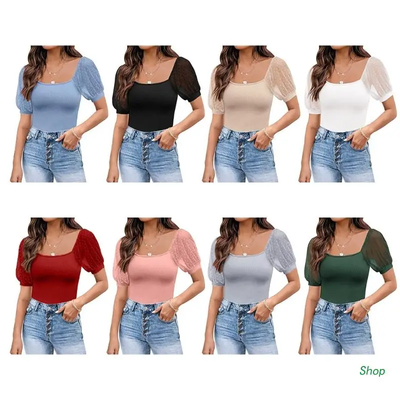 

Женская сетчатая Облегающая рубашка с коротким рукавом и квадратным вырезом