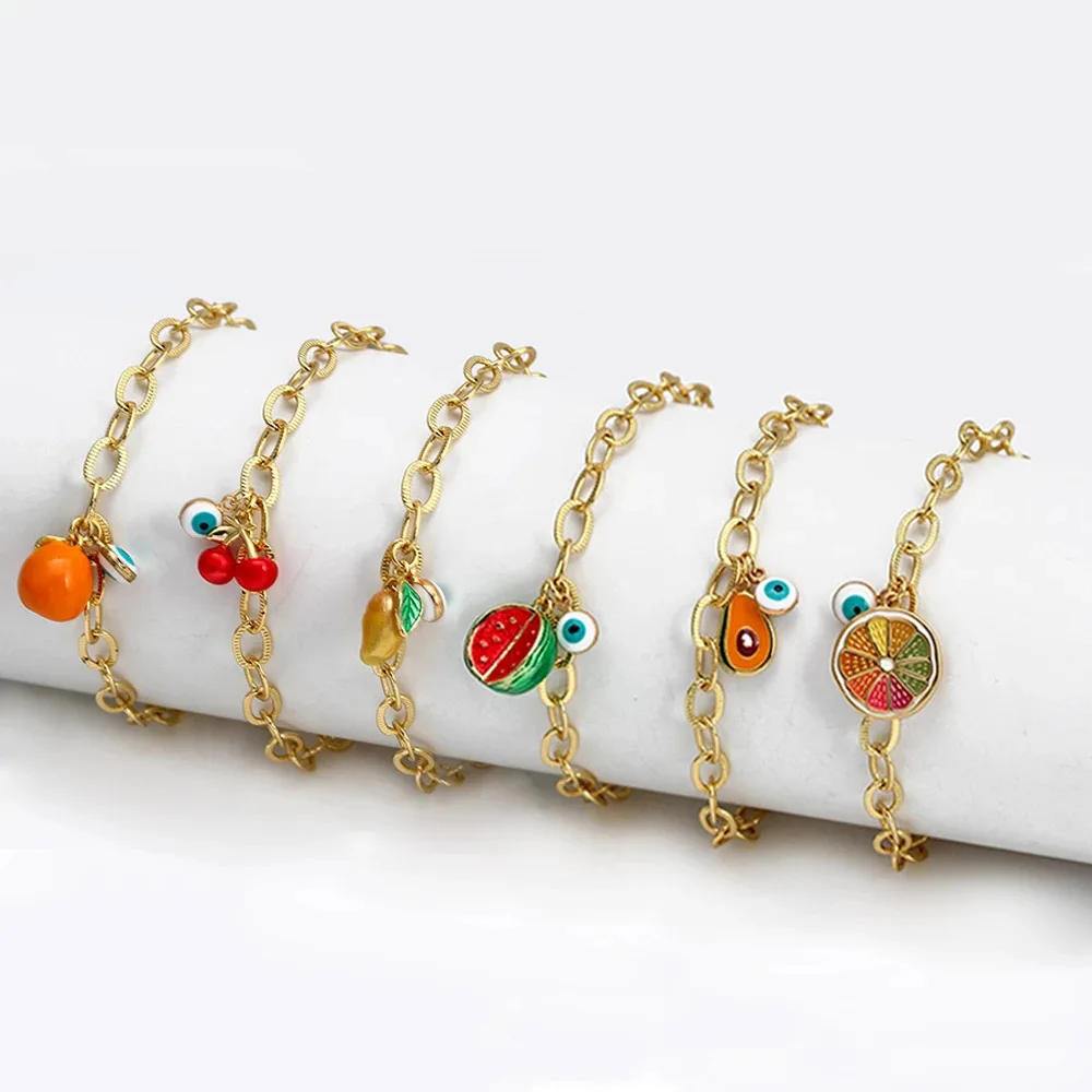 

Wish Card 2022 Cute Fruit Charm Bracelet For Women Fashion Boho Party Jewelry Gift Turkey Evil Eye Pendant Enamel Fruit Bracelet