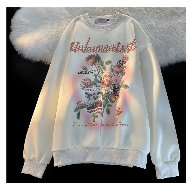 

Винтажный Американский свитшот с круглым вырезом и надписью розы, женская рубашка в стиле Харадзюку для пары, повседневные толстовки для подростков, тонкий осенний Топ 2022