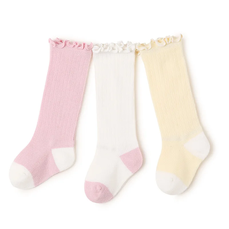 

3pcs Baby Color-blocking Lace A Combed Cotton Socks Four Seasons Boys And Girls Breathable Middle Tube Socks