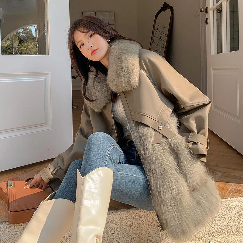 Women's Winter Warm Faux Fur Coats Korean Lady Graceful Patchwork Leather Jacket 2022 New Elegant Zipper Outerwear Female