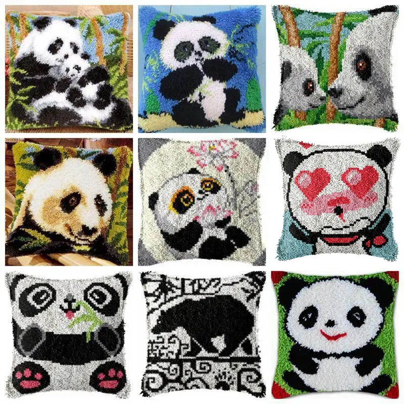 

Cute Panda Series Latch Hook kits Cartoon Animals Canvas For Embroidery Latch Hook Rug Kits For Adults Knot Pillow Package DIY