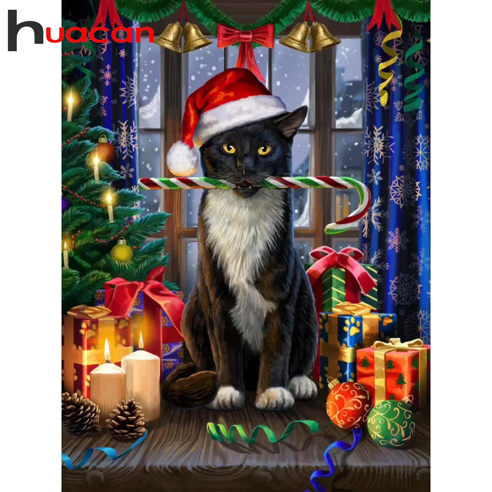 

Алмазная мозаика Huacan с квадратными/круглыми стразами, Рождественская картина с кошкой, креативный Набор для вышивания с животными, хобби, украшение для дома