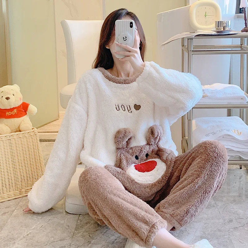 Cute Bear Pajamas Set For Women's Winter Pyjama Sets Nightwear Long Sleeve Thicken Warm Flannel Soft Sleepwear Plus Size M-3XL