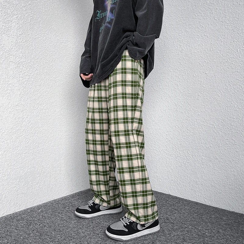 

2022 Spring Summer Fashion Men's Wide Leg Pants Elasitc Waist Baggy Oversize Plaid Pant Man Casual Streetwear Check Trousers