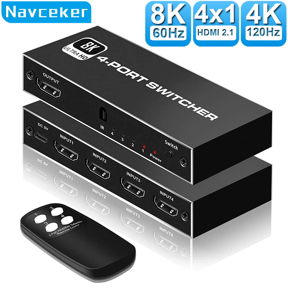 

Селектор переключателя Navceker 8K HDMI 2,1 4K 120 Гц HD Переключатель HDMI Сплиттер 4 в 1 выход 3 в 1 для ноутбука ПК переключатель ТВ приставки PS5