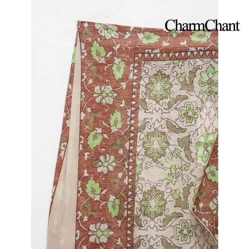 Фото CHARMCHANT Женская винтажная юбка-миди с цветочным принтом, асимметричным разрезом, завязками на талии, в стиле бохо, длинная, лето 2026 №3