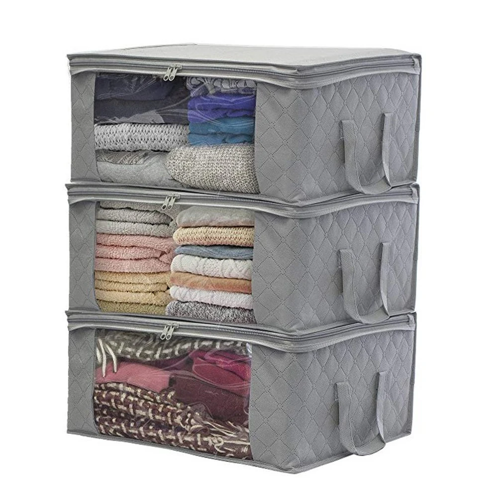 

3pcs Foldable Large Capacity Dormitory Non Woven Quilt Organizer Dustproof Home Clothing Storage Bag Container Zipper Bedding