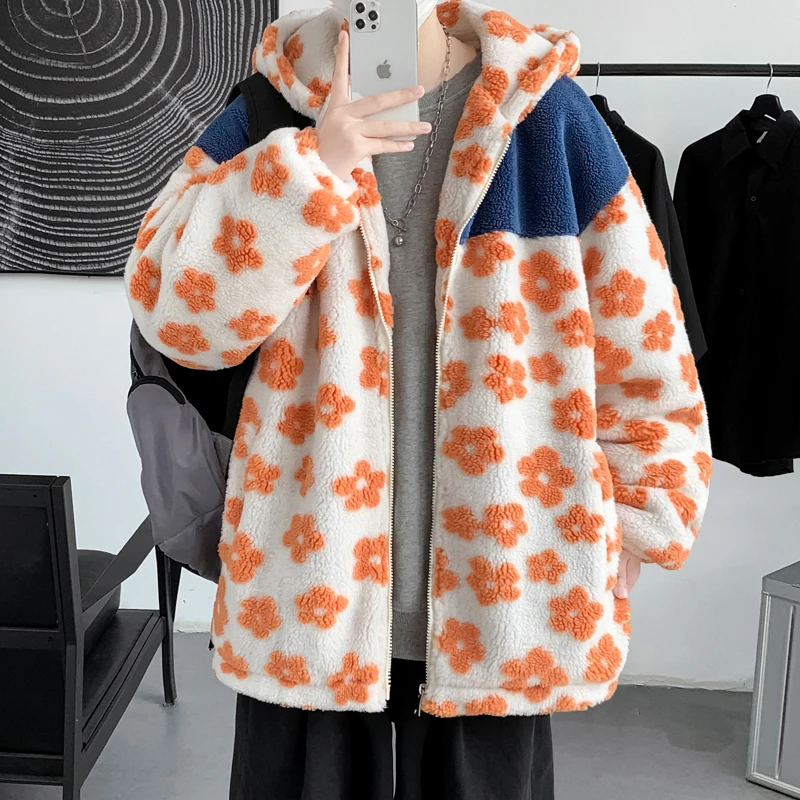 Winter Flower Lamb Hair Jacket Men Warm Fashion Thicken Plush Short Coat Mens Streetwear Loose Thick Cotton Clothes Male S-3XL