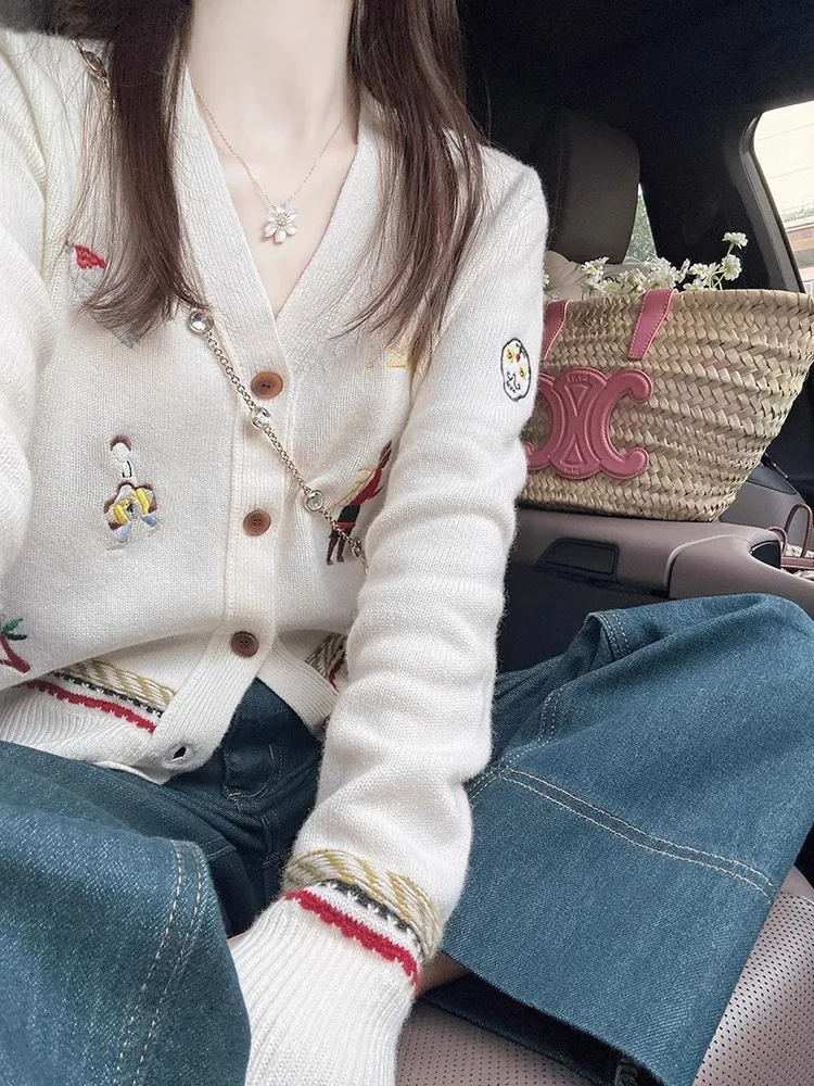 French sle Contrast Color Heavy Industry Embroidery V-neck Knit cardigan Women Autumn New Soft Glutinous Casual Gentle Wind...