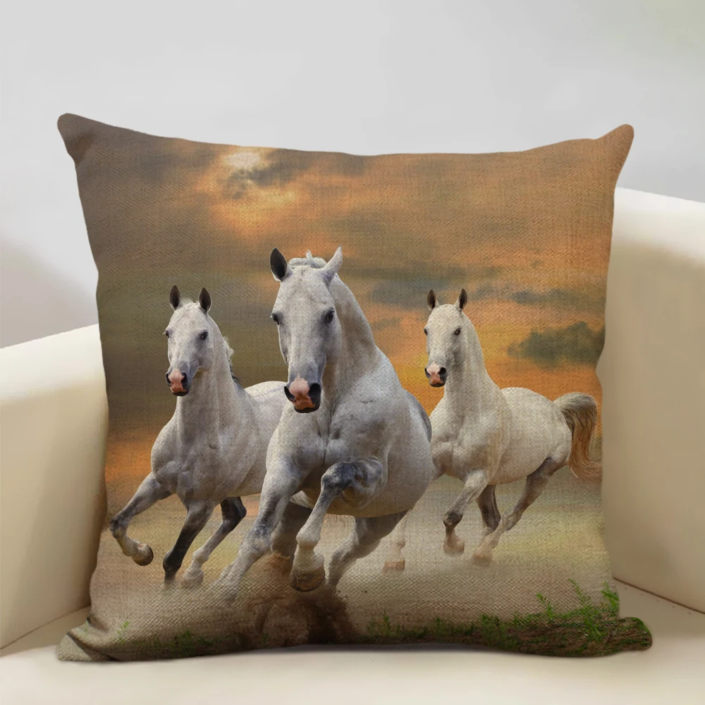 Льняная наволочка HAAFKK с изображением лошадей 45x45 см