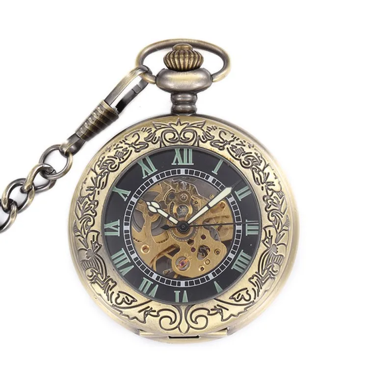 Luxury Mechanical Luminous Hands Pocket Watch for Men Women Skeleton Roman Numeral Dial Fob Chain Pendant Clock for Collection