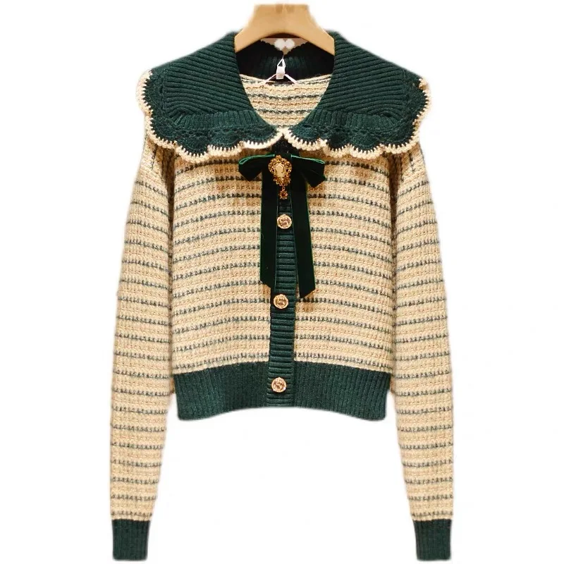 Винтажный элегантный полосатый свитер с галстуком-бабочкой пуловер женский