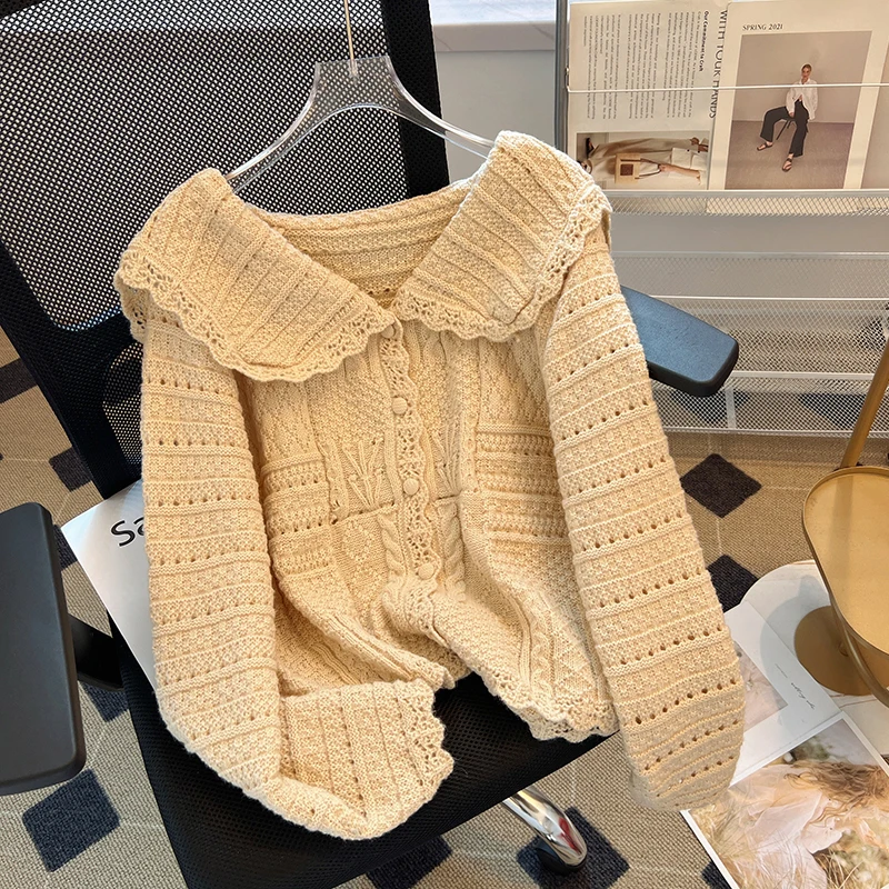 

Autumn Sweet Knitted Cardigan Sweater Women Crochet Peter Pan Collar Sweaters Coat Elegant Winter Clothes Korean Student Tops