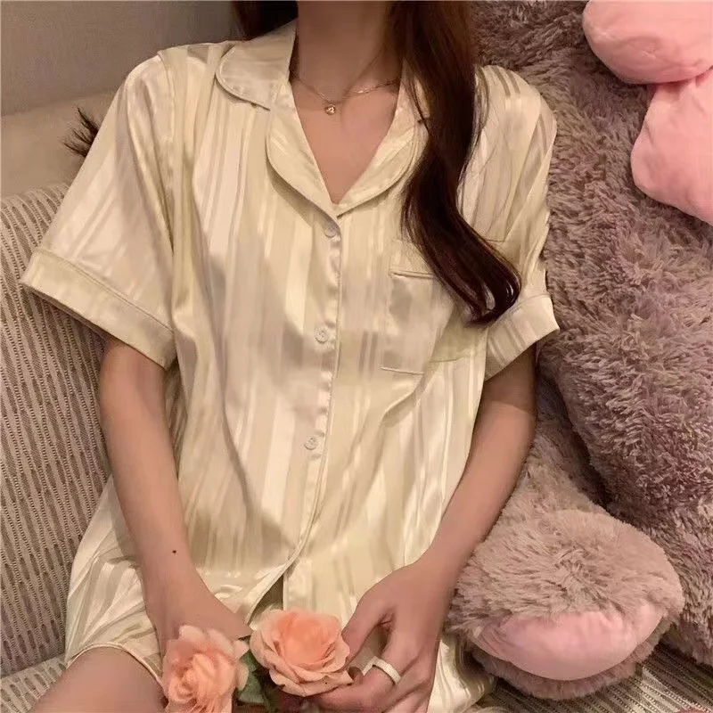 Spring and summer new pajamas women's double short jacquard vertical strips imitation silk ice silk casual simple home suit
