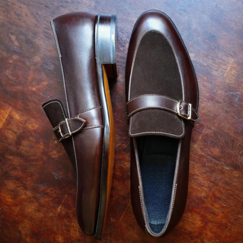 

Loafers Men Shoes faux suede Color Matching Sleeve Foot Round Head Flat Bottom Trend Belt Buckle Decoration D411