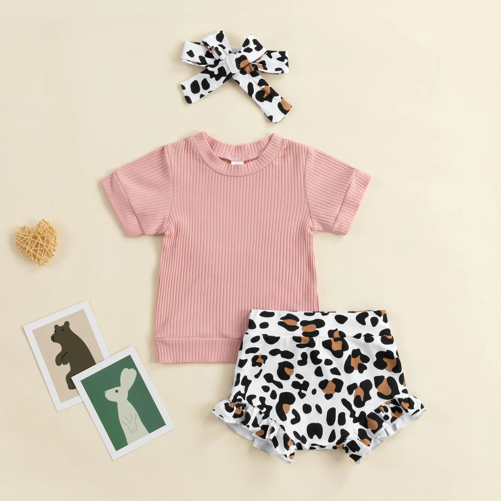 

0-24M Newborn Baby Girls Clothes Set Summer Short Sleeve T-shirt with Elastic Waist Leopard Print Shorts Summer Casual Outfit