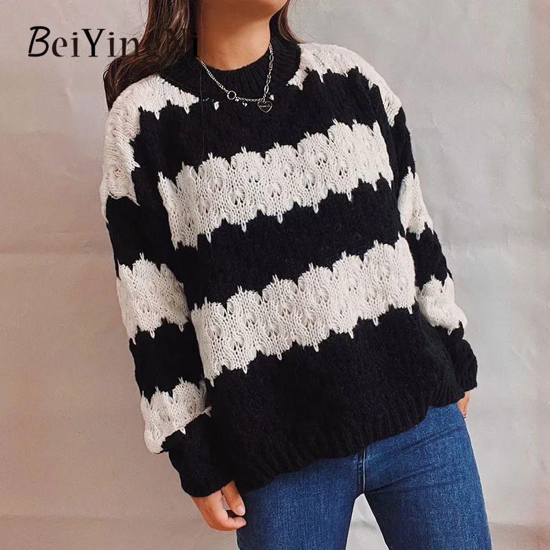 

Beiyingni Autumn Winter Women's Sweater Spell Color Striped Long Sleeve O-neck Female Pullover Vintage Casual Loose Gray Jumper