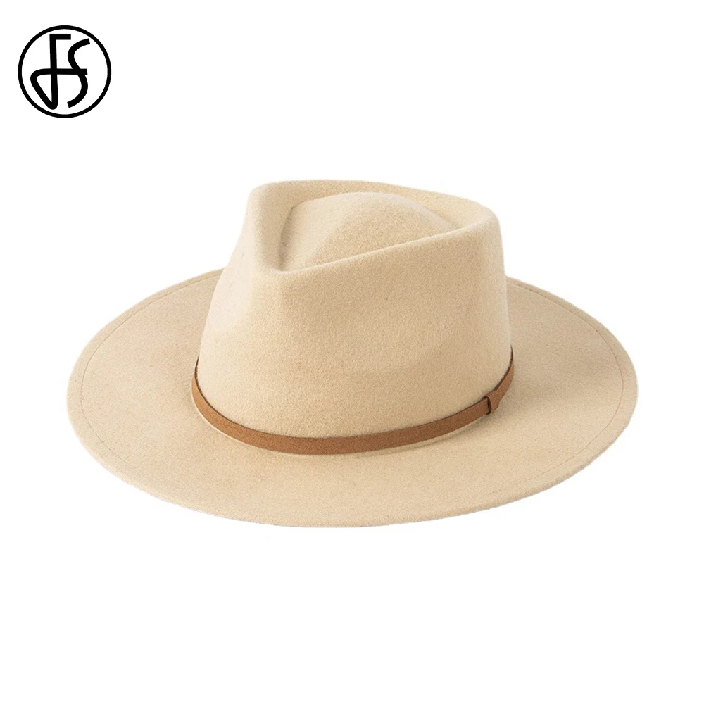 

FS British Retro White Beige Wool Jazz Hats For Children With Narrow Belt Fashion Wide Brim Cap Autumn Winter Keep Warm Fedoras