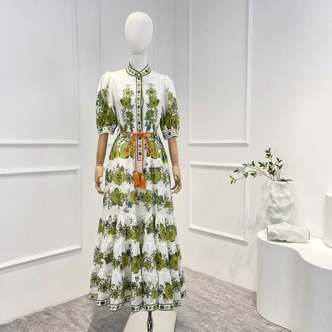 

2023 New Arrivals Linen Top Quality Spring Summer Vintage Green Floral Printing Half Puff Sleeve Frill Midi Dress for Woman