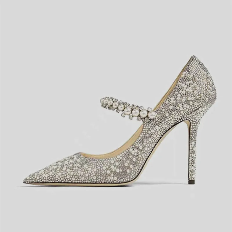 European and American women's pointed toe shoes shallow mouth pearl rhinestone single shoes