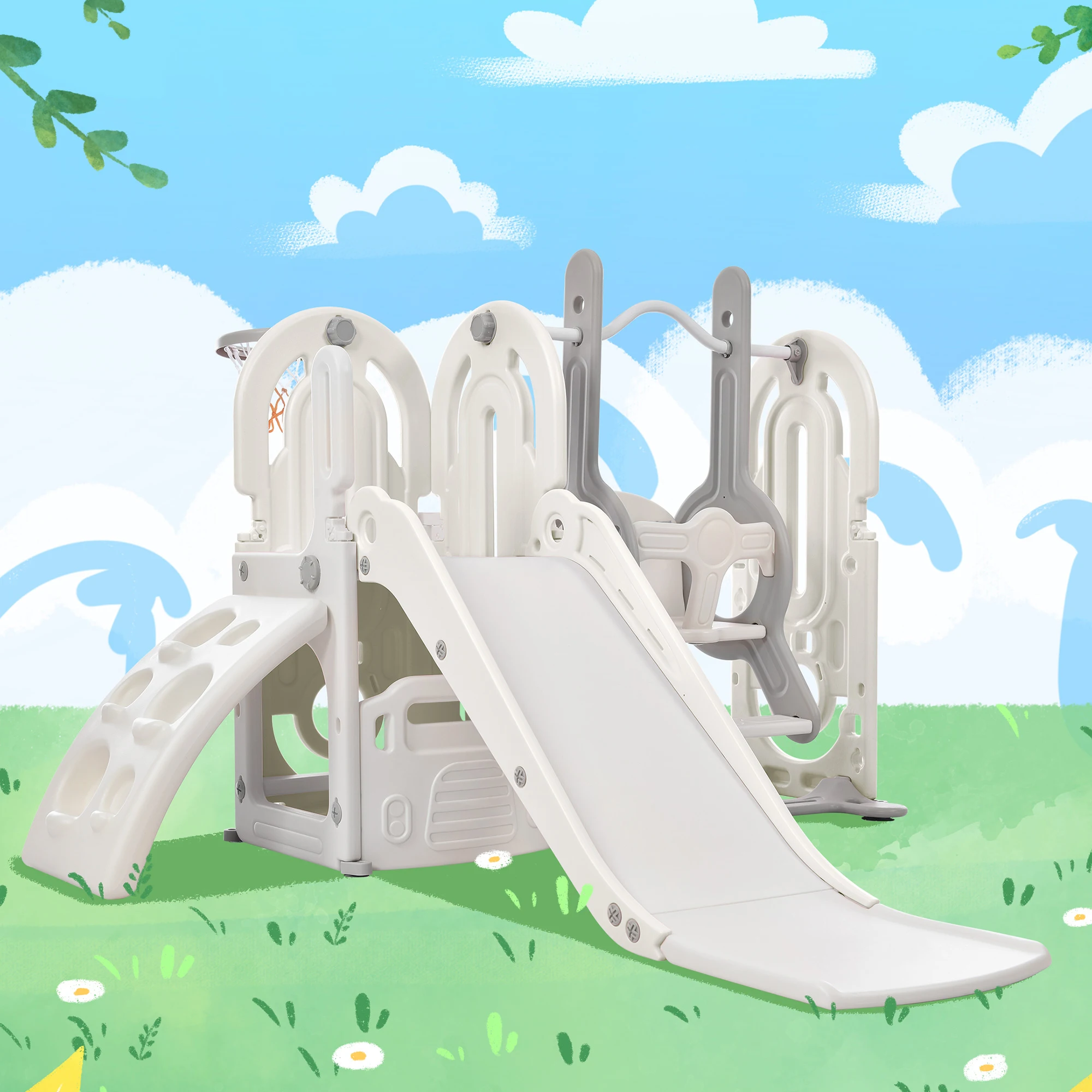 5 In 1, Kids Playground Climber Slide Playset With Basketbal