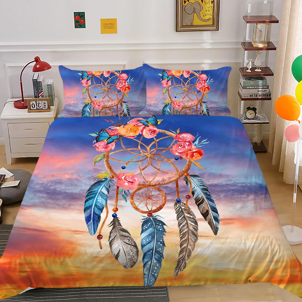 

Dreamcatcher Duvet Cover Set Colourful Feather Flowers Sunset Background King Queen Size Comforter Cover for Girls Bedding Set