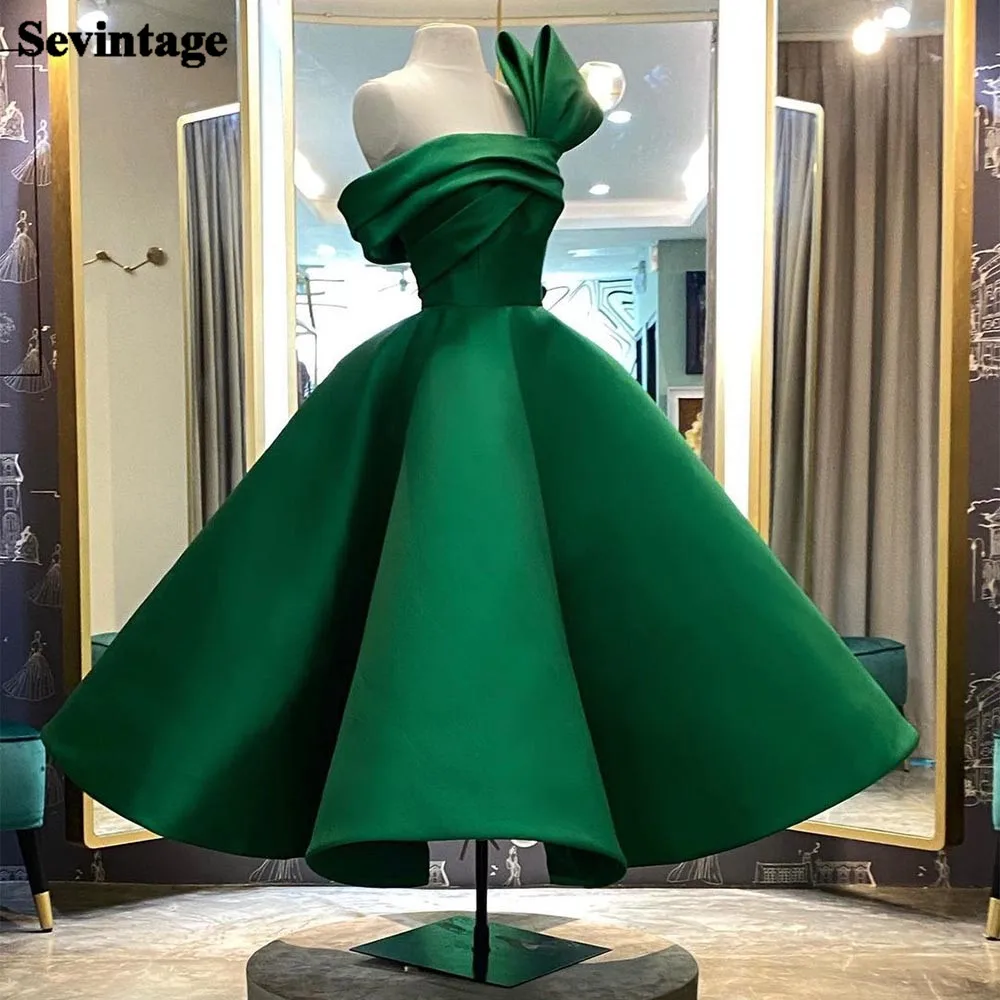 

Sevintage Green Saudi Arabia Midi Prom Dresses A Line Satin Pleats Wedding Party Gowns Bow One Shoulder Women Formal Dress 2022
