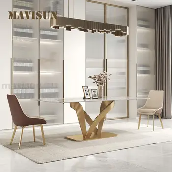 Italian Light Luxury Slate Dining Table And Chair Set Modern Minimalist High-end Designer Rectangular Bright Surface Table
