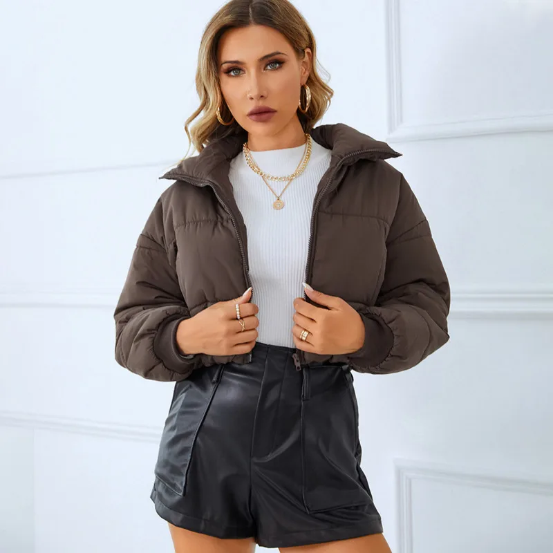 

Women's 2022 Winter Fashion New Long Sleeve Cardigan Stand Collar Warm Casual Down Coat Solid Short Jacket