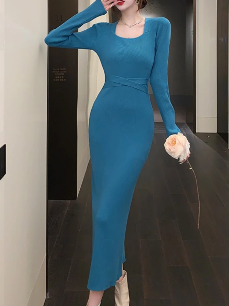 

Autumn Women Bodycon Knitted Long Party Dress New Sexy Slim Solid Split Sweater Vestidos Fashion Korean Female Robe Clothings