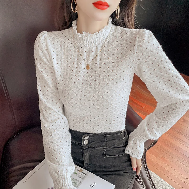 

Half-high Collar Lace Shirt Slim Bottoming Shirt Hollow Long-sleeved Elegant Retro Tops Women's New Spring Autumn 2022 Clothing