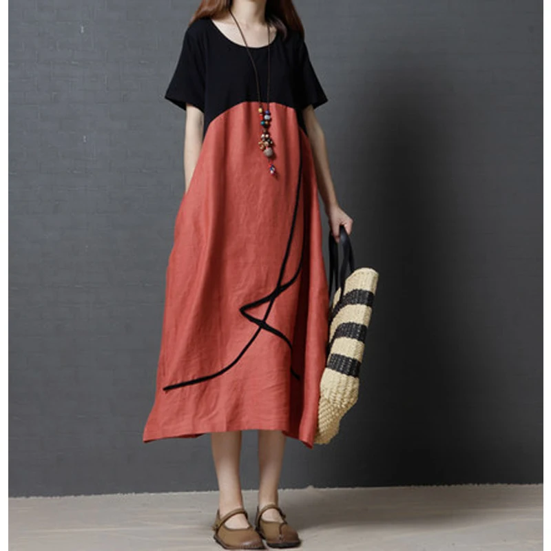 

Women Dress 2022 Korean Fashion Loose Patchwork Casual Short Sleeve Pullover O Neck Vintage Large Size Women Summer Dress