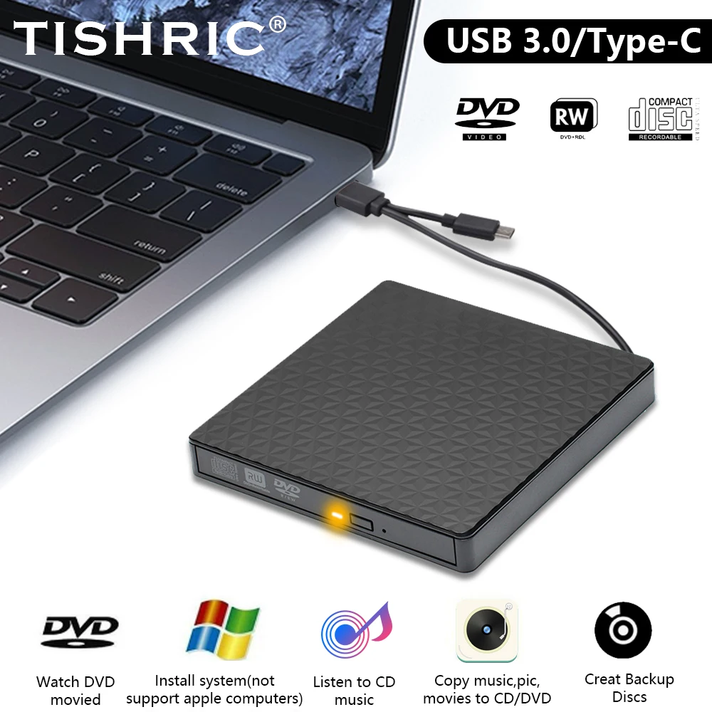 

Внешний привод DVD CD TISHRIC, USB 3.0 Type C, кабель для CD, DVD, RW, записывающее устройство, оптический проигрыватель, совместим с ПК и ноутбуком