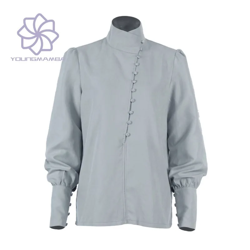 

Standing Neck Long Sleeved Cheongsam Style Shirt Women Loose Casual Mushroom Button Top Solid Simple Casual Blouses