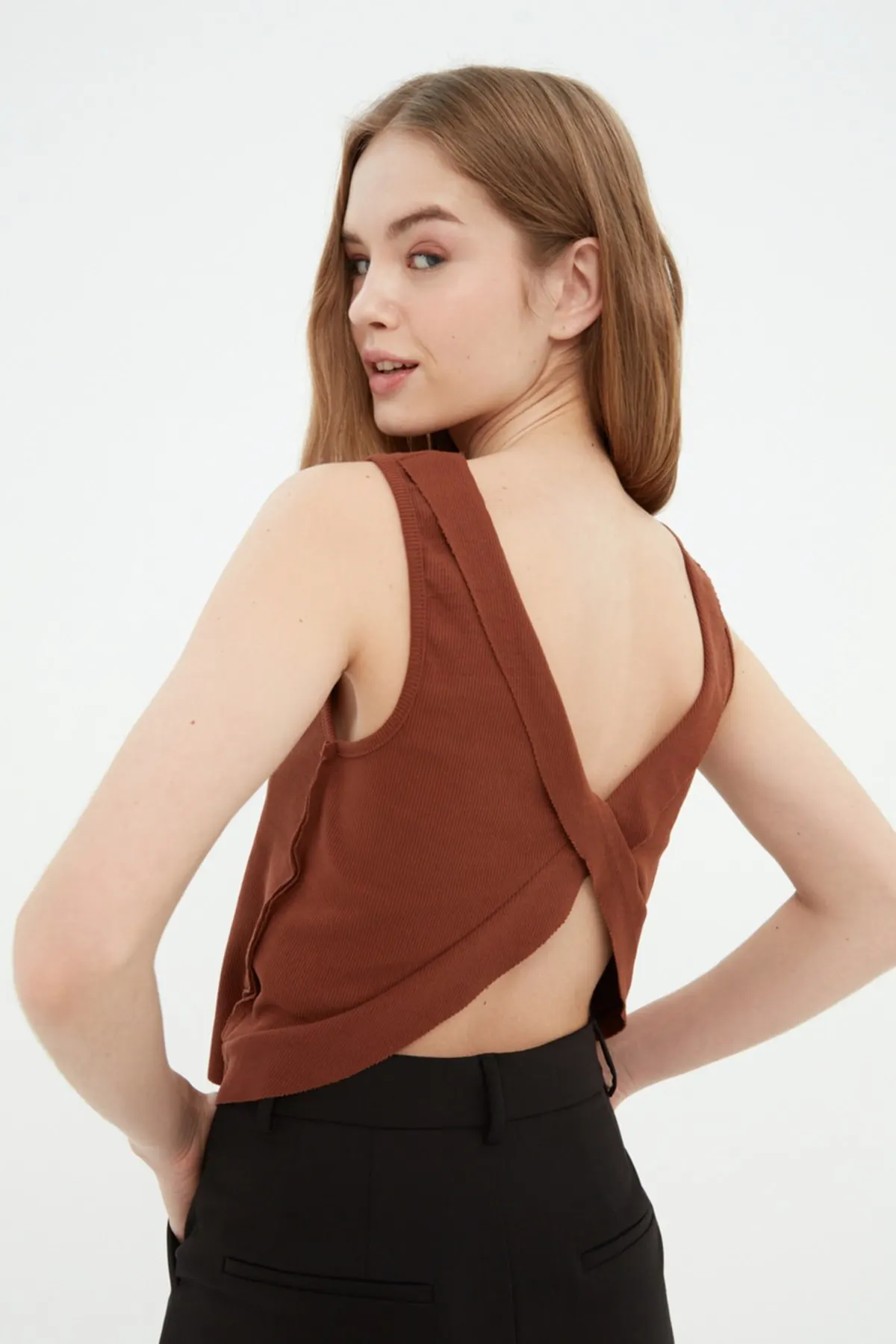 

Women's Summer Crop Top Blouse Brown ribbon Low Back Knitted Blouse Casual Tank Top Vest Blouse