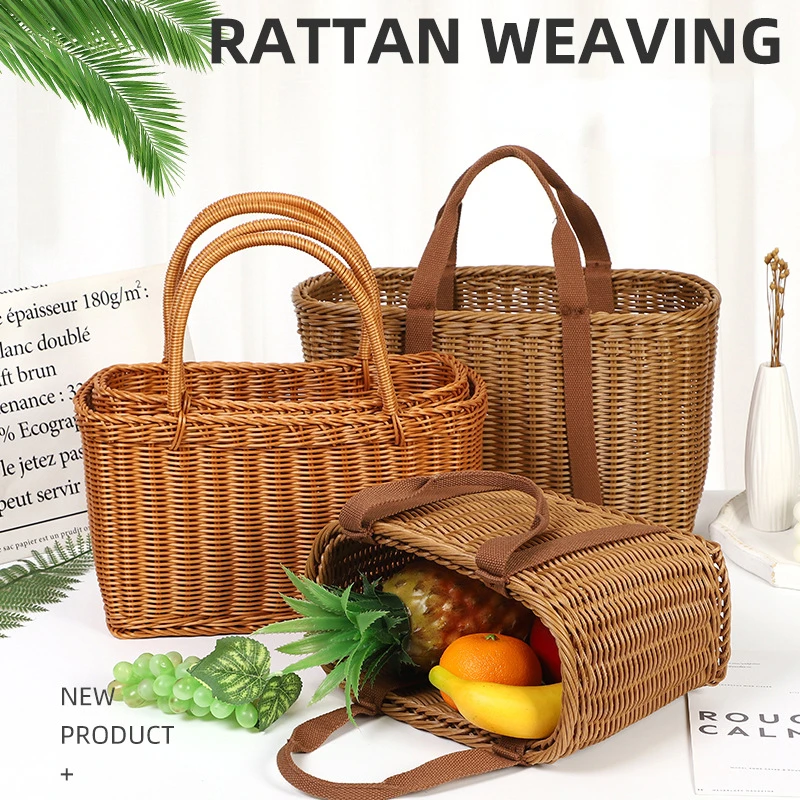 

Imitation Rattan Wicker Straw Woven Bag Shopping Basket Storage Vegetable Basket Hand-held Flower Basket Picnic Fruit Basket