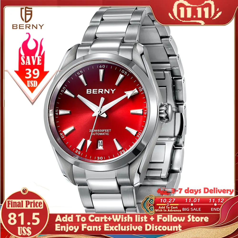 BERNY 20ATM Waterproof SEIKO NH35 Mens Watch Mechanical Wristwatch Male Stainless Steel Luxury Sapphire Automatic Watch For Men