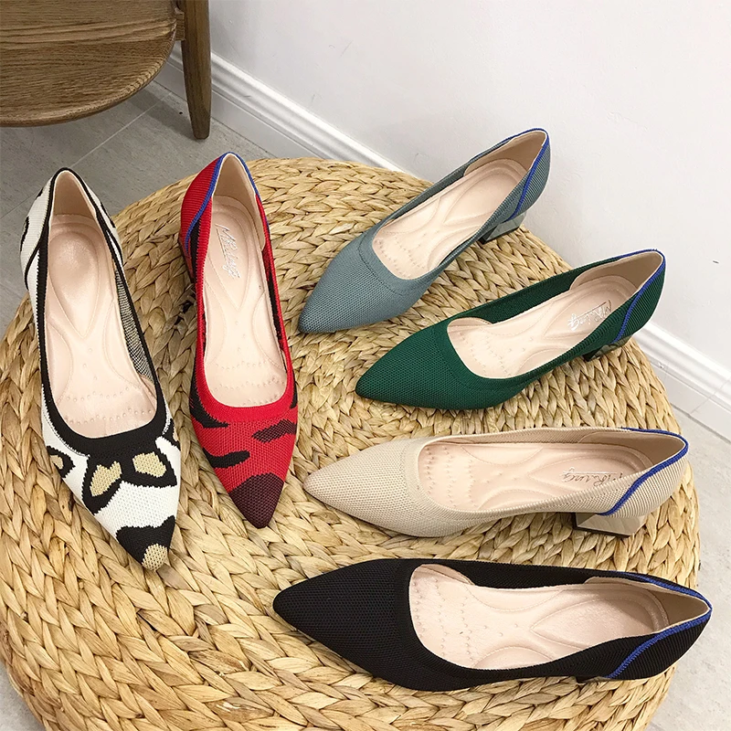 

EOEODOIT 4 CM Women Med Chunky Heels Shoes Knit Fabric Comfy Office Pumps Summer Autumn Newest Office Lady Work Shoes