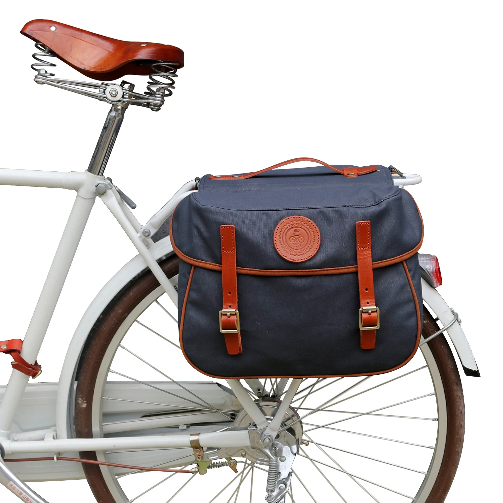 

Tourbon Vintage Bicycle Pannier Bag Rear Rack Trunk Retro Bike Backseat Luggage Double Saddle Bags Waxed Waterproof Canvas