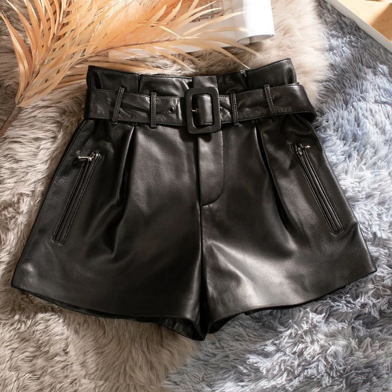 

Шорты женские из натуральной овечьей кожи, трапециевидные короткие штаны из натуральной кожи, с широкими штанинами, черные