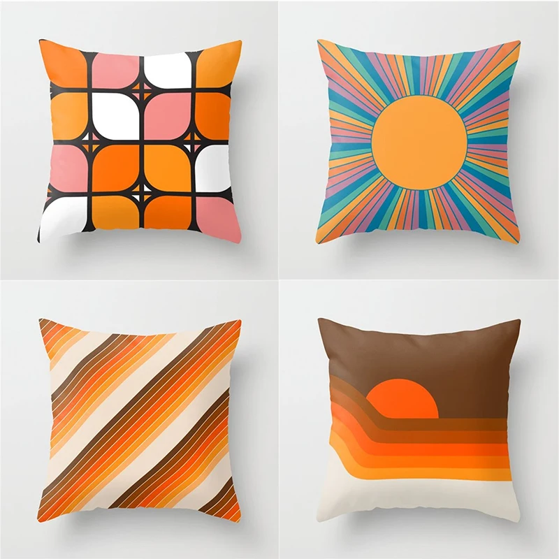 

2022 винтажная оранжевая наволочка с принтом солнца, Женская Геометрическая линия, женская, 45*45 см
